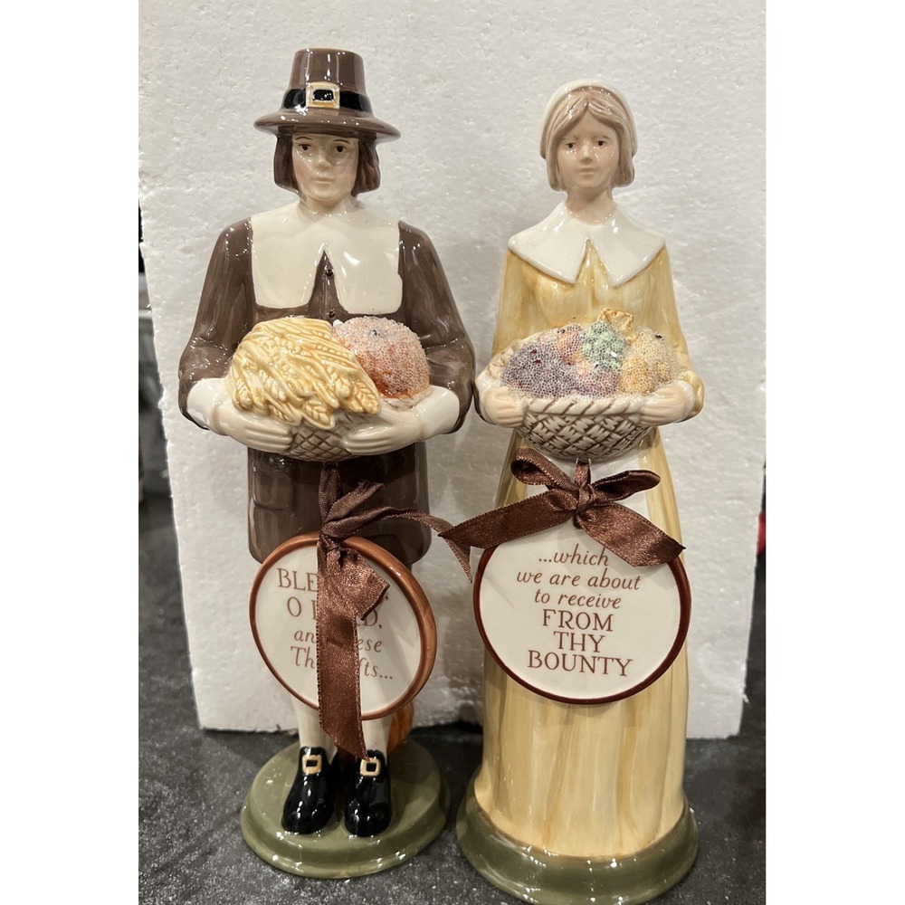 Vintage Thanksgiving Pilgrim Couple Figurines Set of 2 Ceramic Folk Art 9in